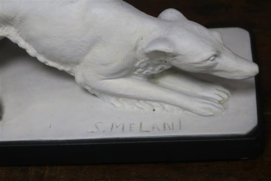 An Art Deco-style figurine of a lady and a dog, signed S. Melani